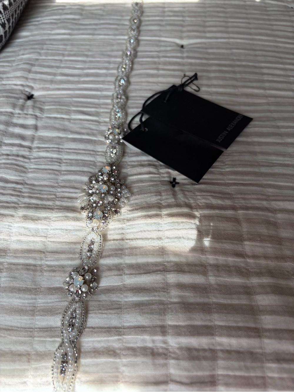 Justin Alexander Opal & Pearl Crystal Embellished Wedding Belt- Silver